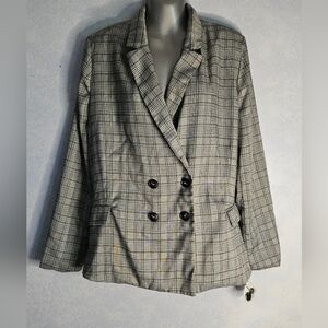 LOVE SADIE Womens Gray Plaid Double-Breasted Jacket L